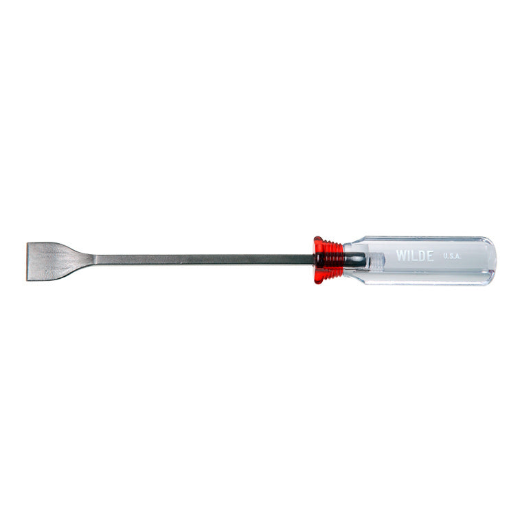 A Wilde pinchweld scraper with a metal blade and a clear plastic handle.