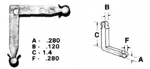 A zinc diecast storm window corner key shown with a technical diagram indicating leg length and width dimensions.