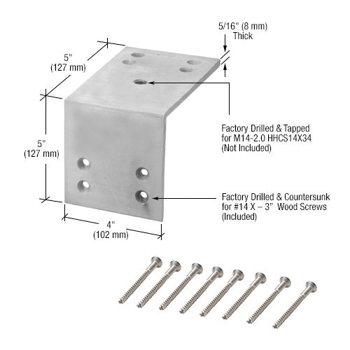 A zinc-plated steel L-angle bracket with pre-drilled mounting holes and a set of included wood screws.