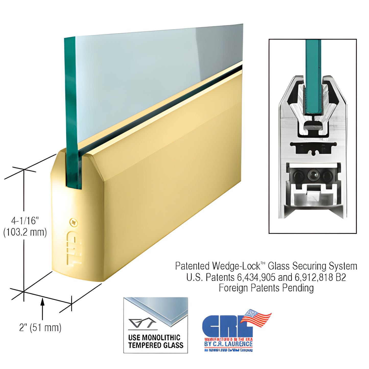 Polished brass 35-3/4" tapered door rail for 3/8" glass with Wedge-Lock securing system (SKU DR4TPB38S)