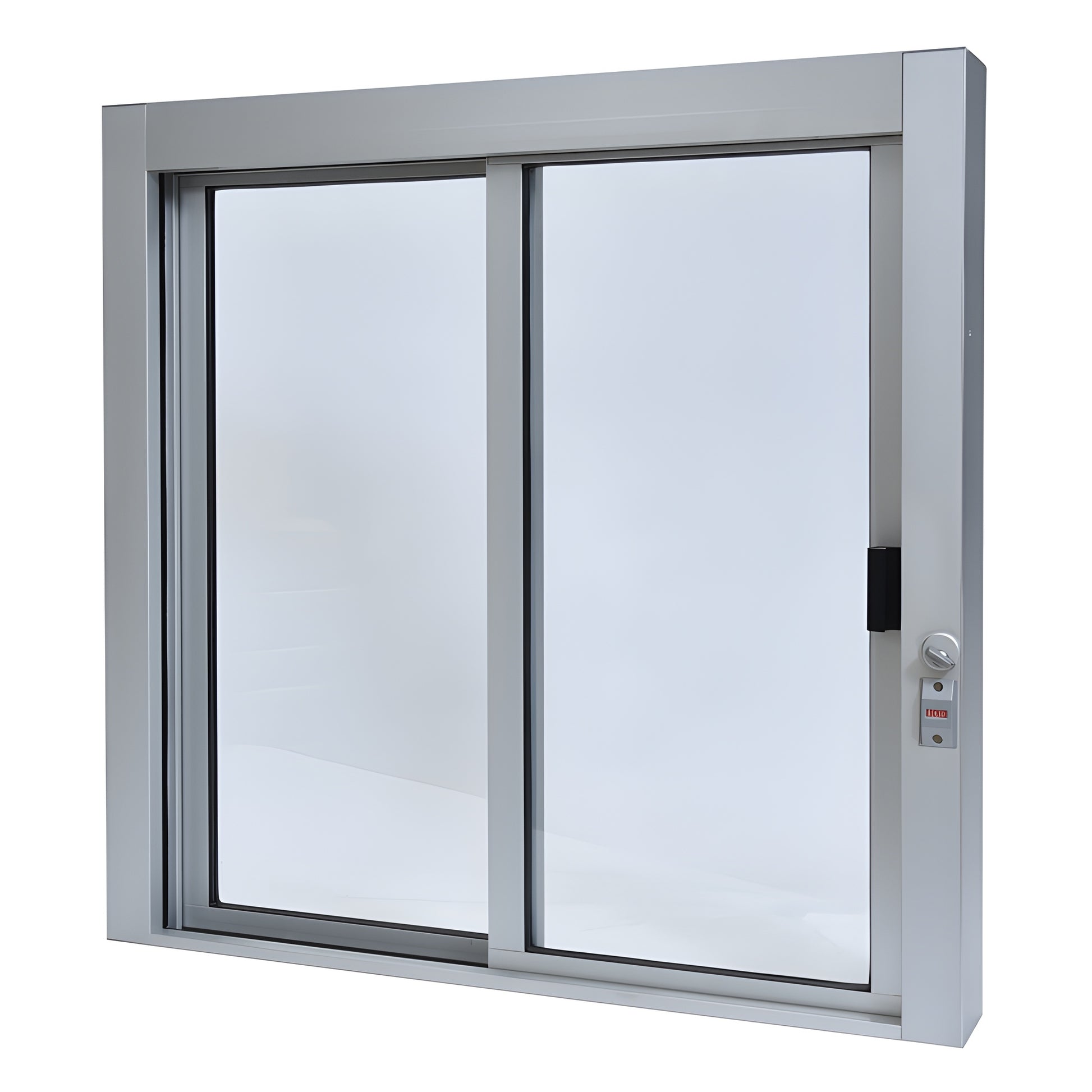 SCDW36360XGA self-closing satin-anodized aluminum service window, 36x36, sliding OX panel, 1/4" tempered glass, thumbturn loc