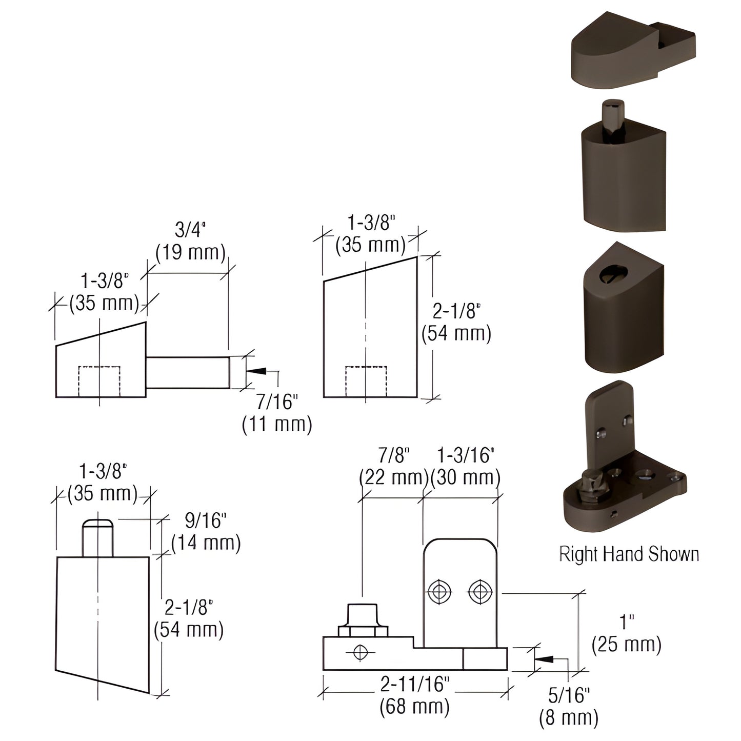 CRL OP400 offset pivot set (SKU 0P40022R), right hand dark bronze aluminum pivot with exploded parts and dimensions.