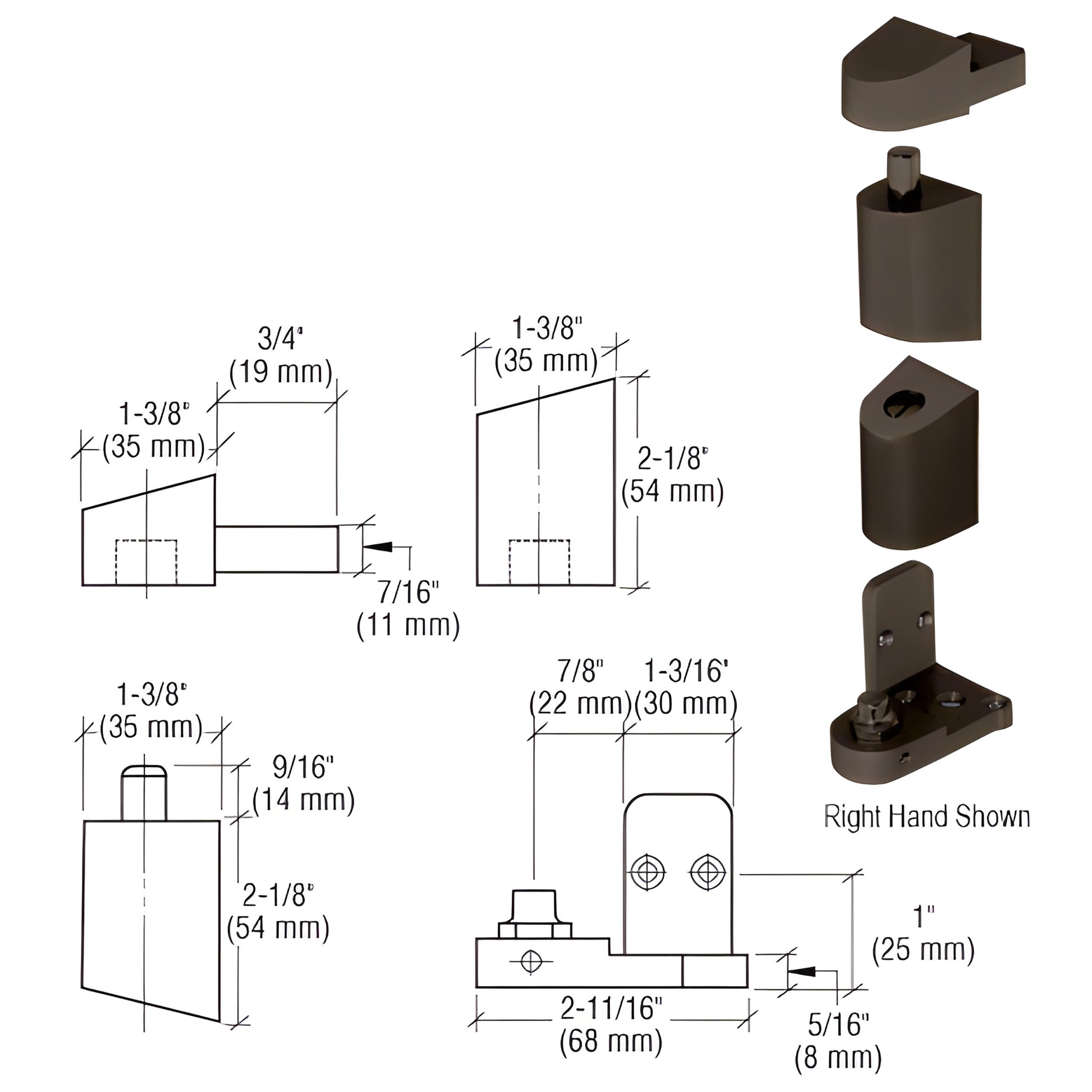 CRL OP400 offset pivot set (SKU 0P40022R), right hand dark bronze aluminum pivot with exploded parts and dimensions.