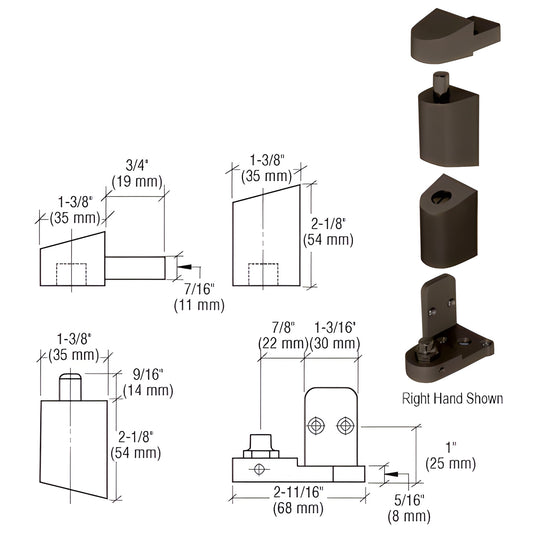 CRL OP400 offset pivot set (SKU 0P40022R), right hand dark bronze aluminum pivot with exploded parts and dimensions.