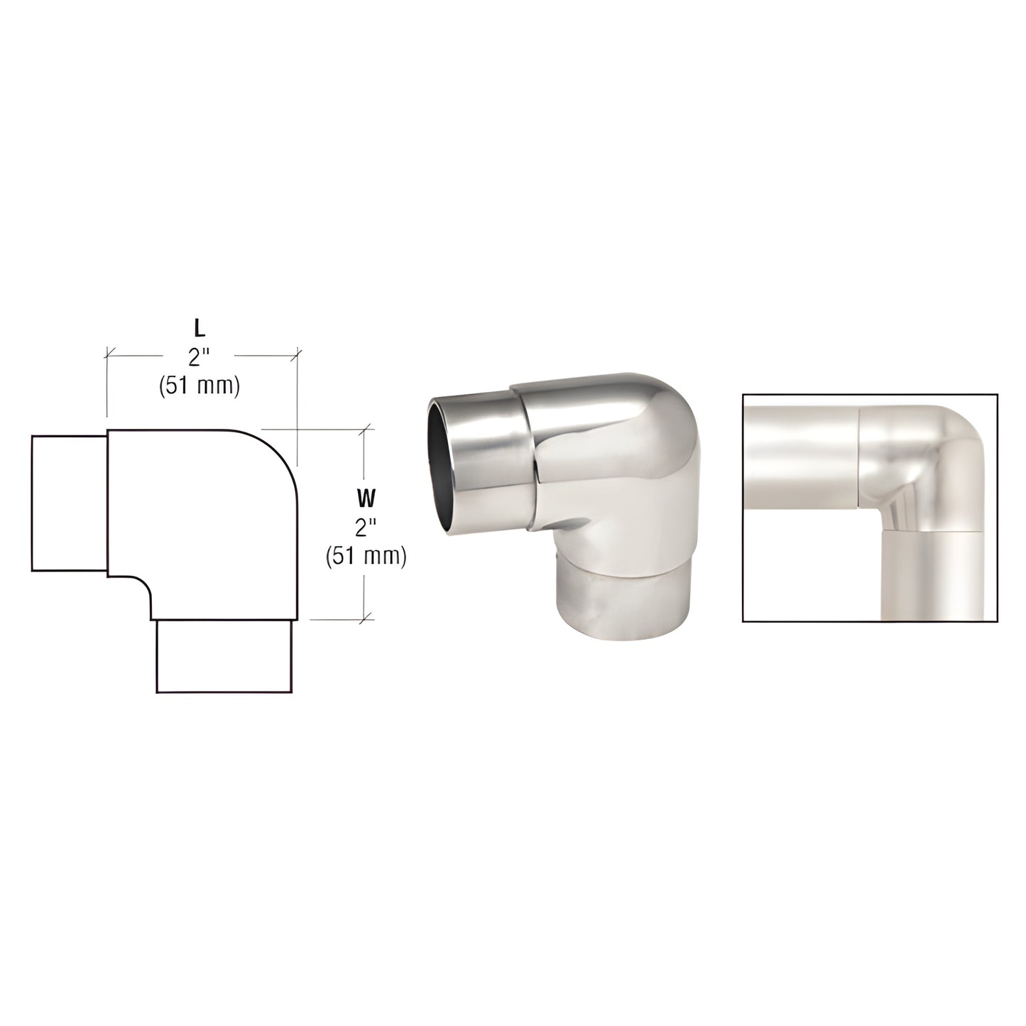 HR15HPS polished stainless steel 90 sharp-radius corner fitting for HR15 handrail tubing, 2" (51mm)