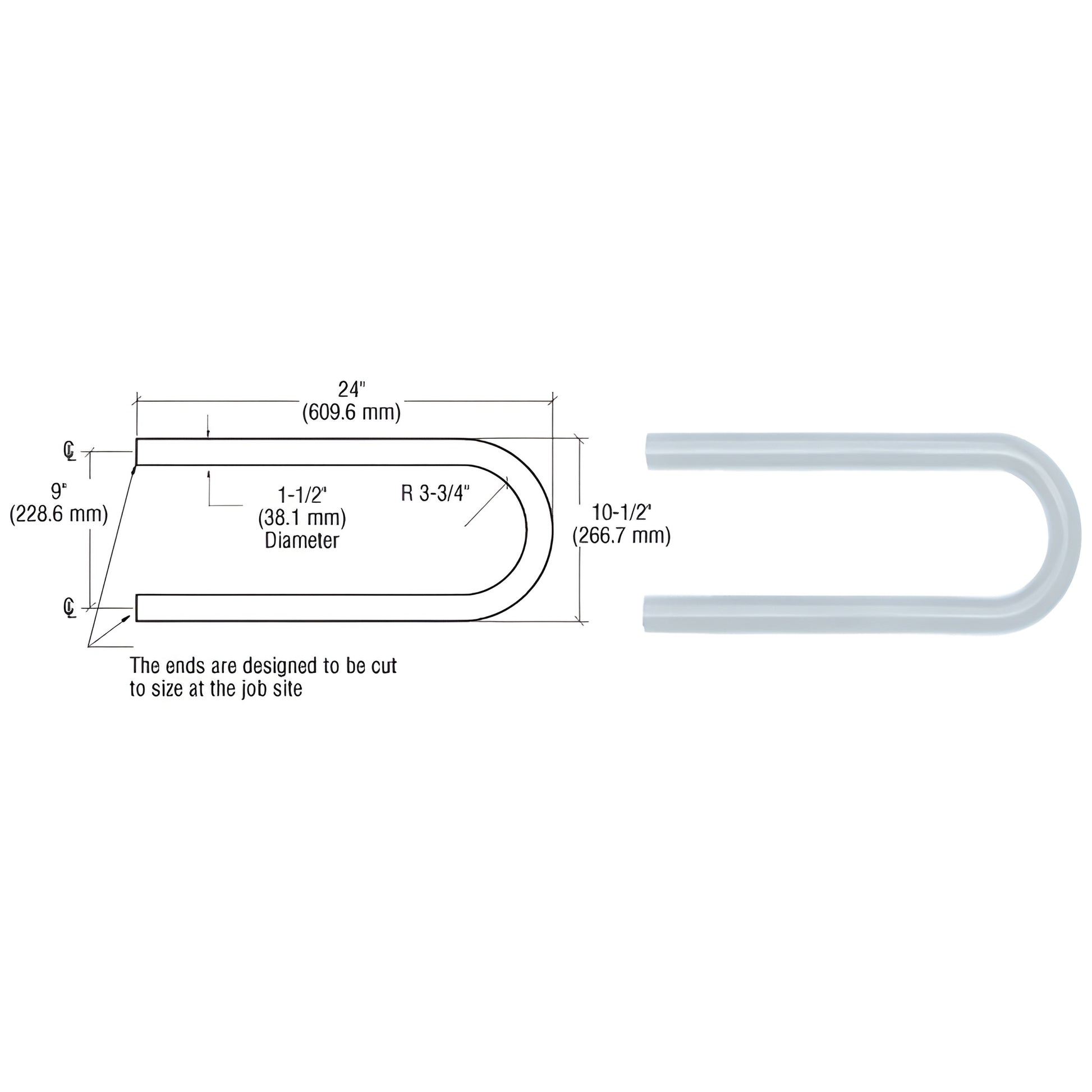 ARLR1M aluminum quick-connect looped handrail return, 1-1/2" dia, 24" length, mill finish, 10.5" width