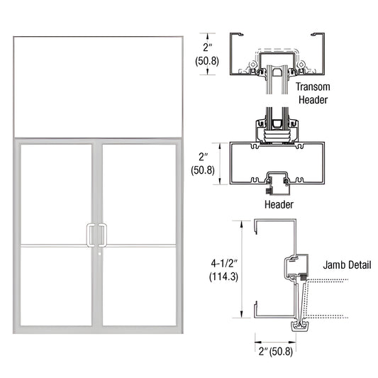 Clear anodized aluminum gear-hinge transom frame with double doors and transom, dimensional detail drawing - SKU 0B92811