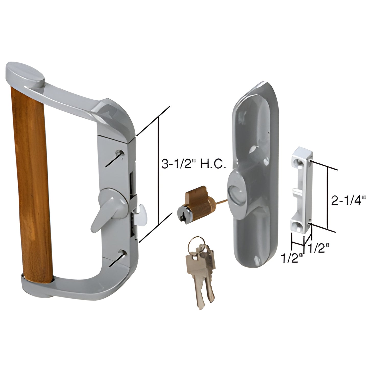 Aluminum surface-mount handle set with wood pull, thumbturn lock and keys, includes diecast keeper - SKU C1017.
