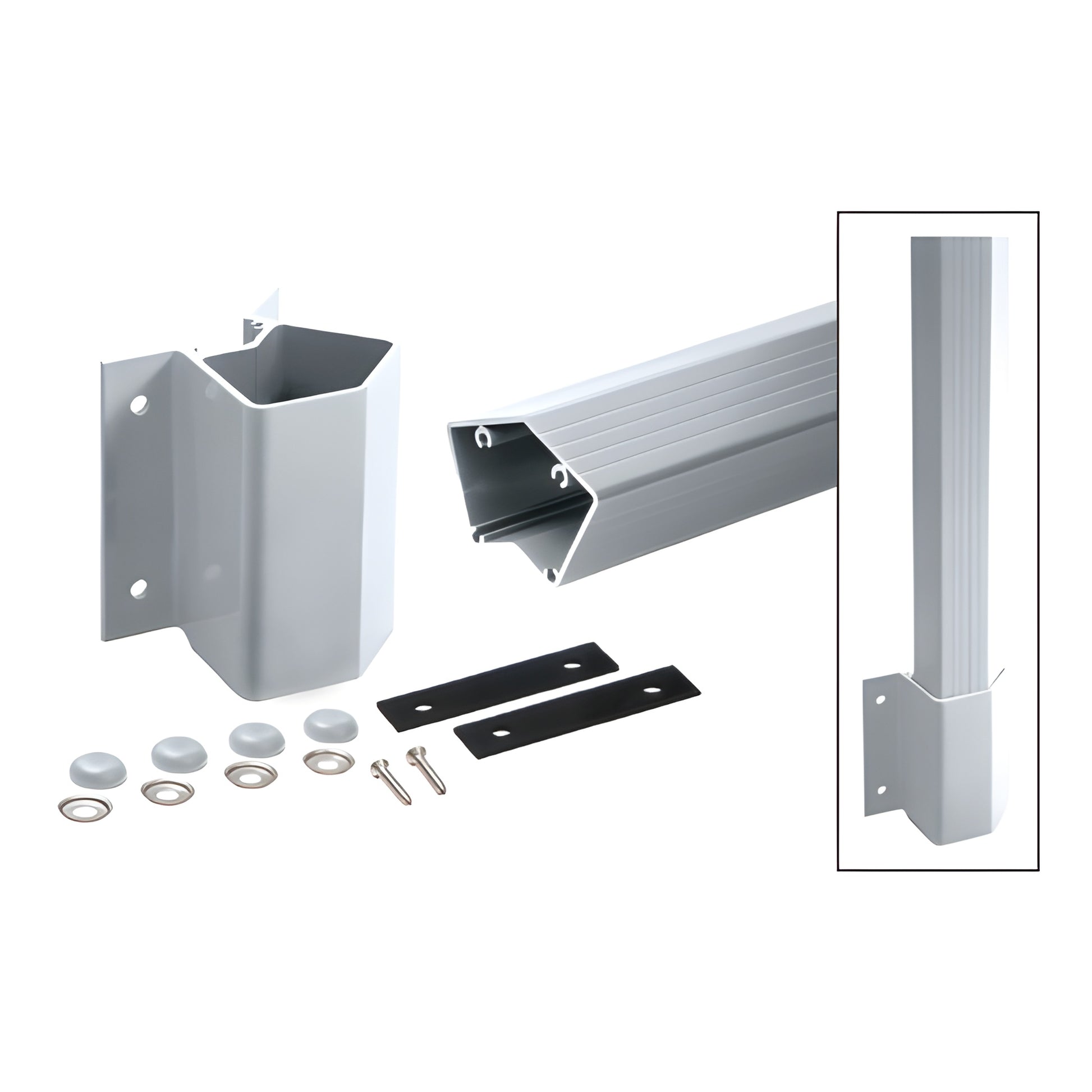 FP548KM 135 aluminum inside corner fascia mount post kit, mill finish - post, fascia bracket, rubber gaskets, washers, bolt