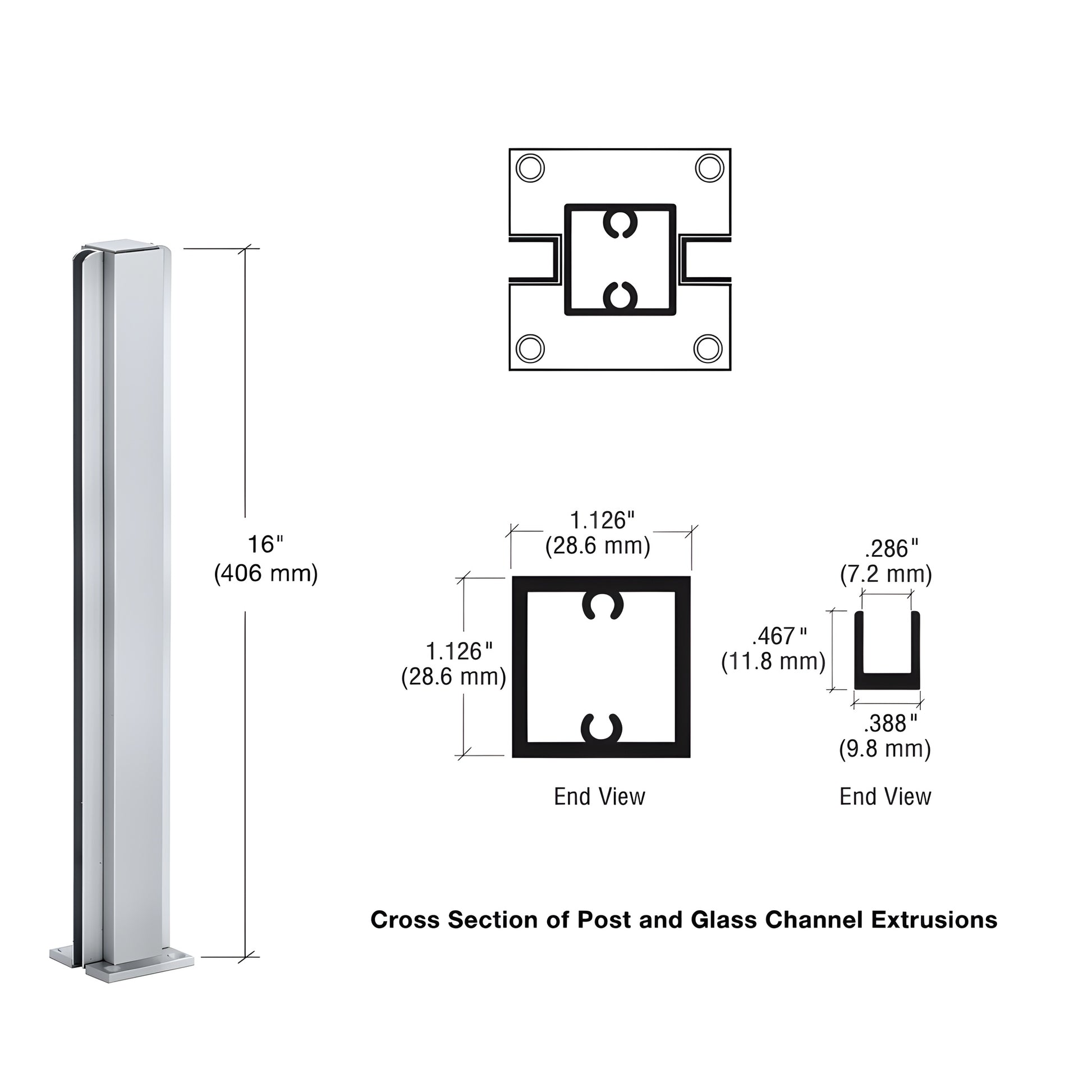 Satin anodized aluminum square partition post with U channel for 1/4" glass and base plate. SKU D990A16C