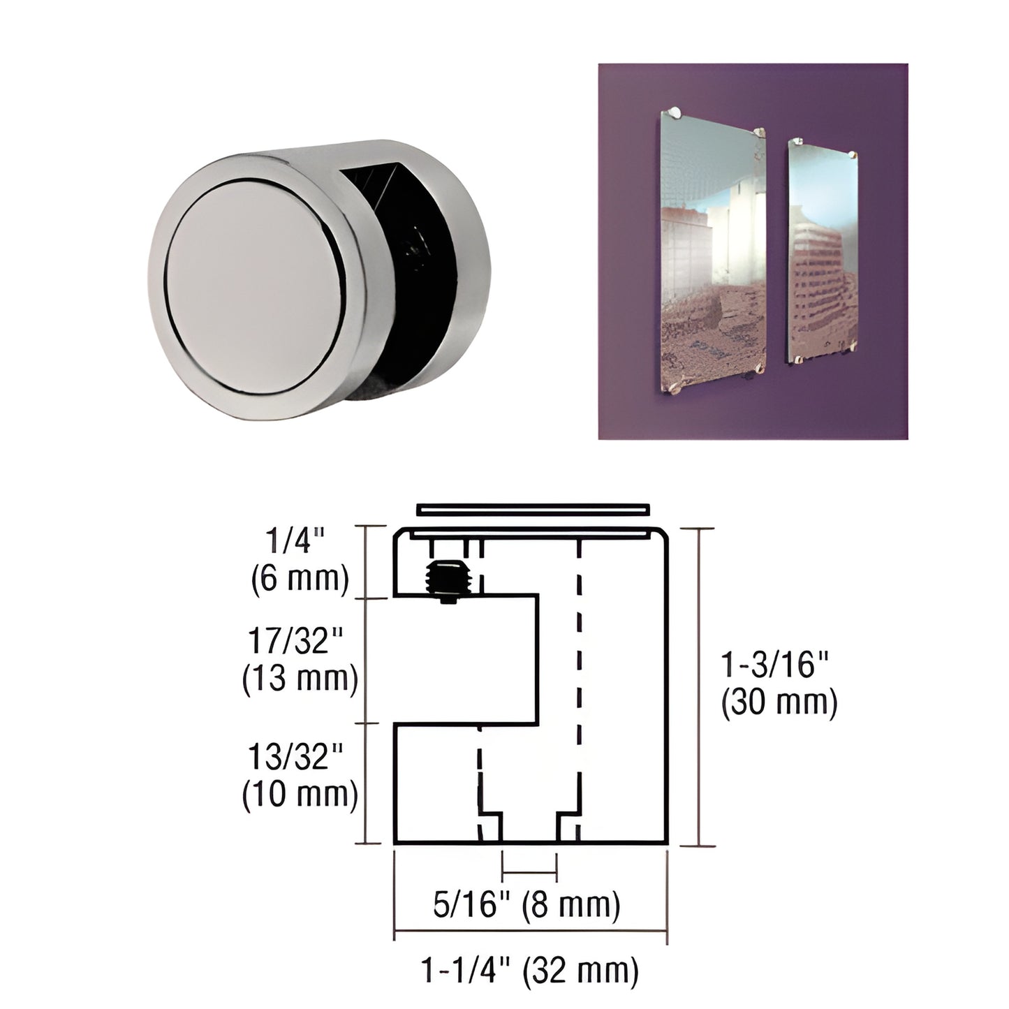 EG12BS brushed stainless 1-1/4" edge grip for 1/2" panels, no-drill mount - round standoff with diagram and sample install.