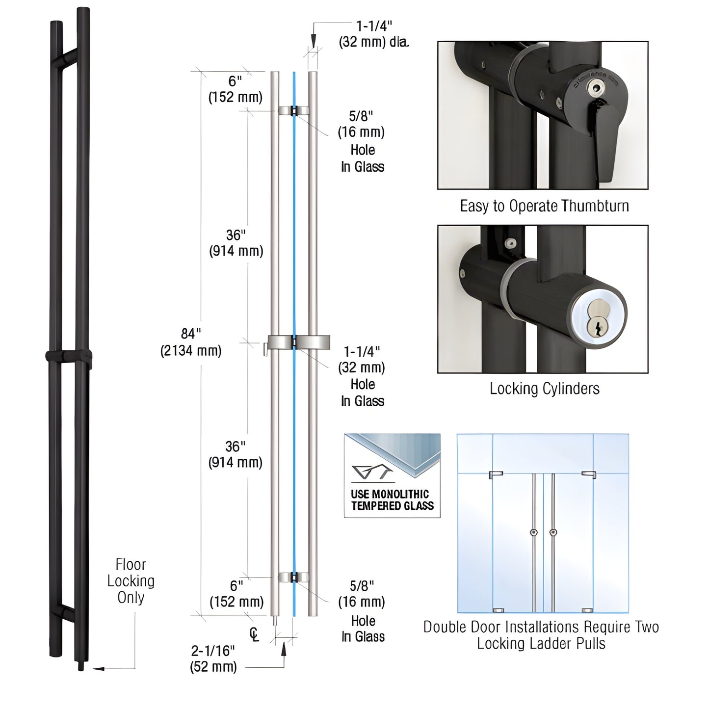 Matte black 84 in locking ladder pull for glass doors, concealed floor deadbolt, ADA thumbturn, 1-1/4 in dia