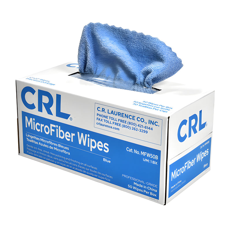 Box of CRL blue microfiber wipes (MFW50B), 12x12 in, 50 per box - precision-cut, reusable cleaning cloths.