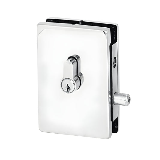 Polished stainless steel European glass-mounted patch lock SKU EUR681PS for 3/8-1/2" (10-12 mm) glass.