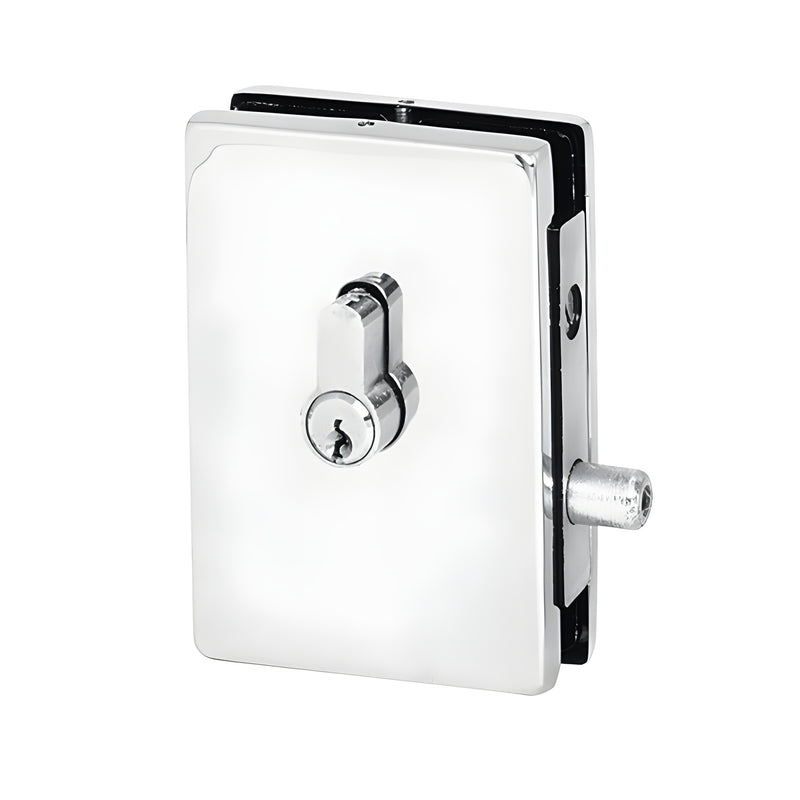 Polished stainless steel European glass-mounted patch lock SKU EUR681PS for 3/8-1/2" (10-12 mm) glass.