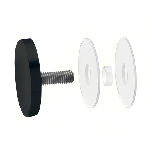 Exploded view of CAP2MBL 2" matte-black stainless standoff cap with 3/8-16 threaded stud, washer and sleeve