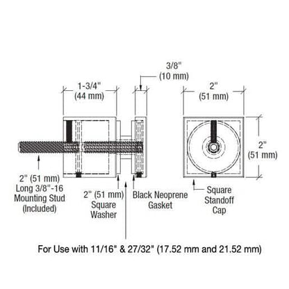 CRL 316 Brushed Stainless Glass Rail Standoff Base & Cap, 1-3/4" Projection, Square Design
