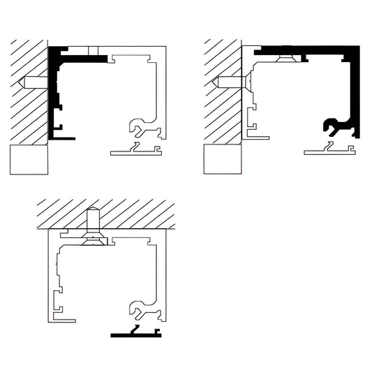 CRL490EXT satin anodized 118" sliding door top track - wall or ceiling mount cross-section drawings.