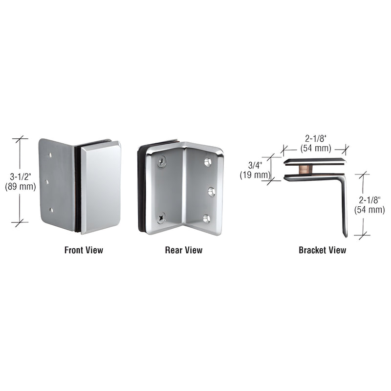 P190SCH Polished chrome Prima wall-mount glass bracket, solid brass, fits 5/16-1/2" (8-12mm) tempered glass - front/rear view