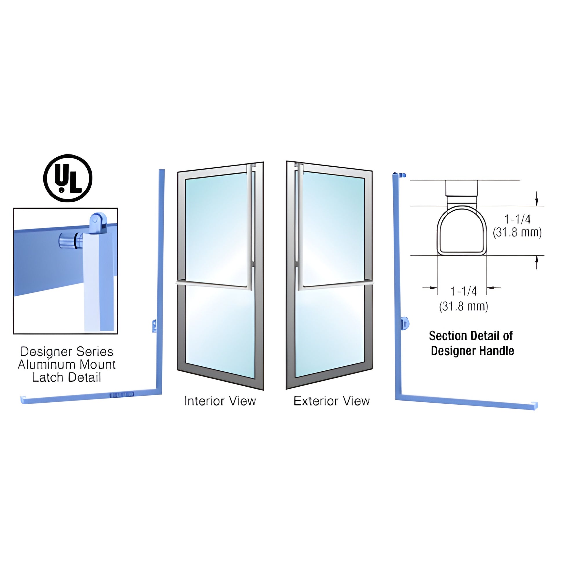 DPA100D3AKPT Designer D shape panic handle for glass doors, 1-1/4 , Alloy 316 stainless, exterior keyed, right hand