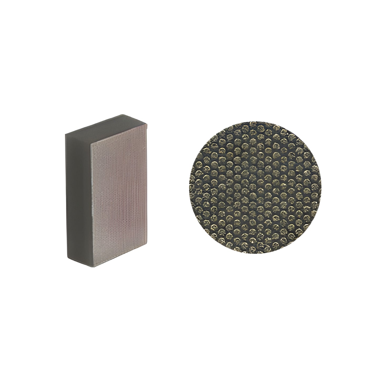 DHP120 diamond hand pad - rectangular gray foam pad with plated diamond abrasive (120 grit), textured circular close-up.