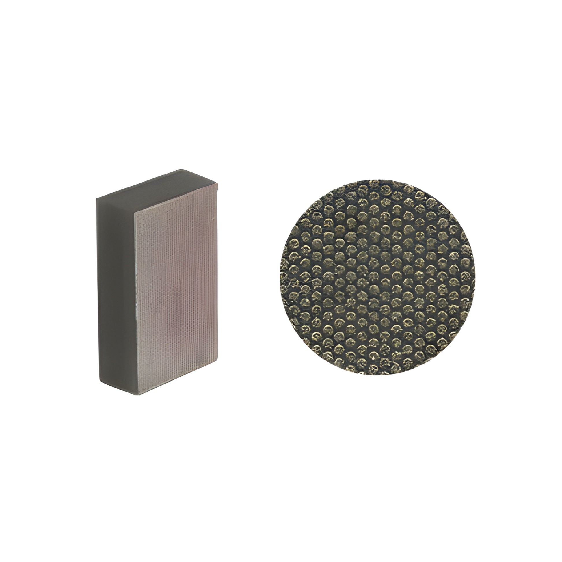 DHP120 diamond hand pad - rectangular gray foam pad with plated diamond abrasive (120 grit), textured circular close-up.