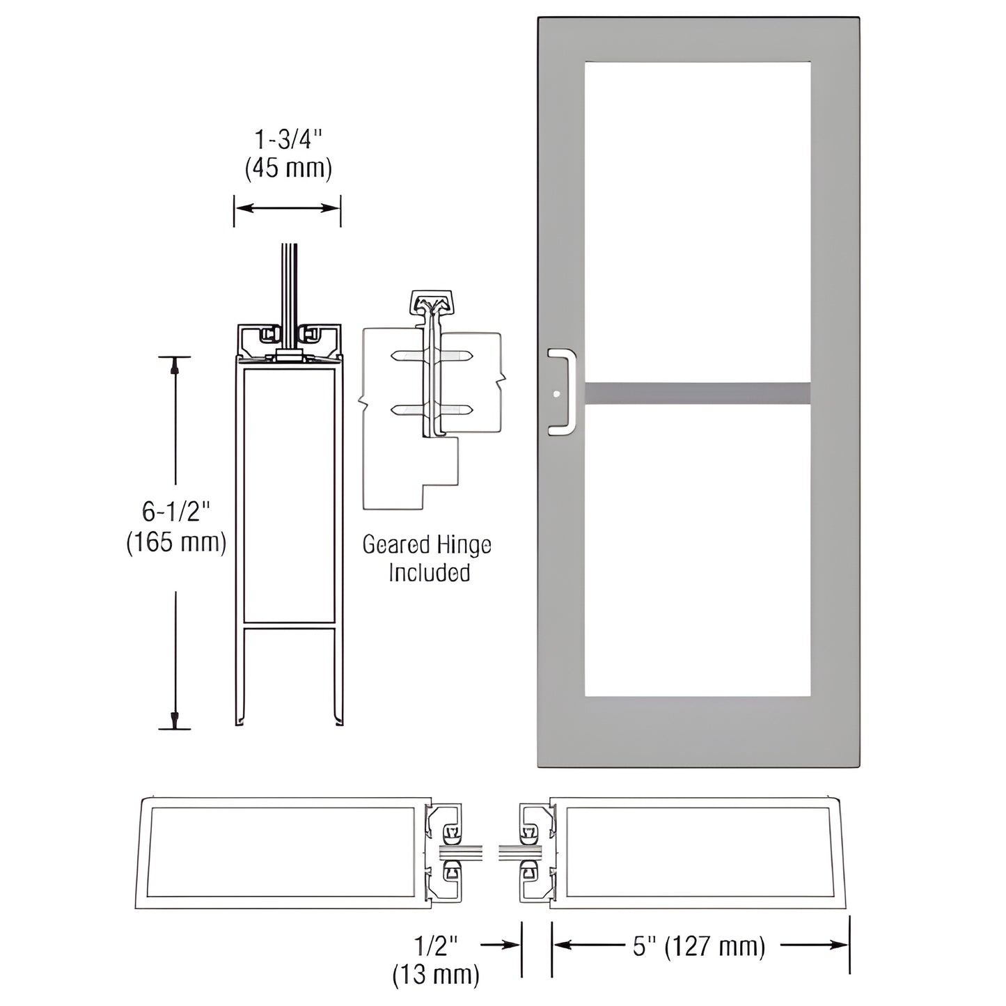 Clear anodized commercial wide stile entrance door DZ51811 - 5" stiles, 51 2" top, 61 2" bottom rail; gear hinge ready.