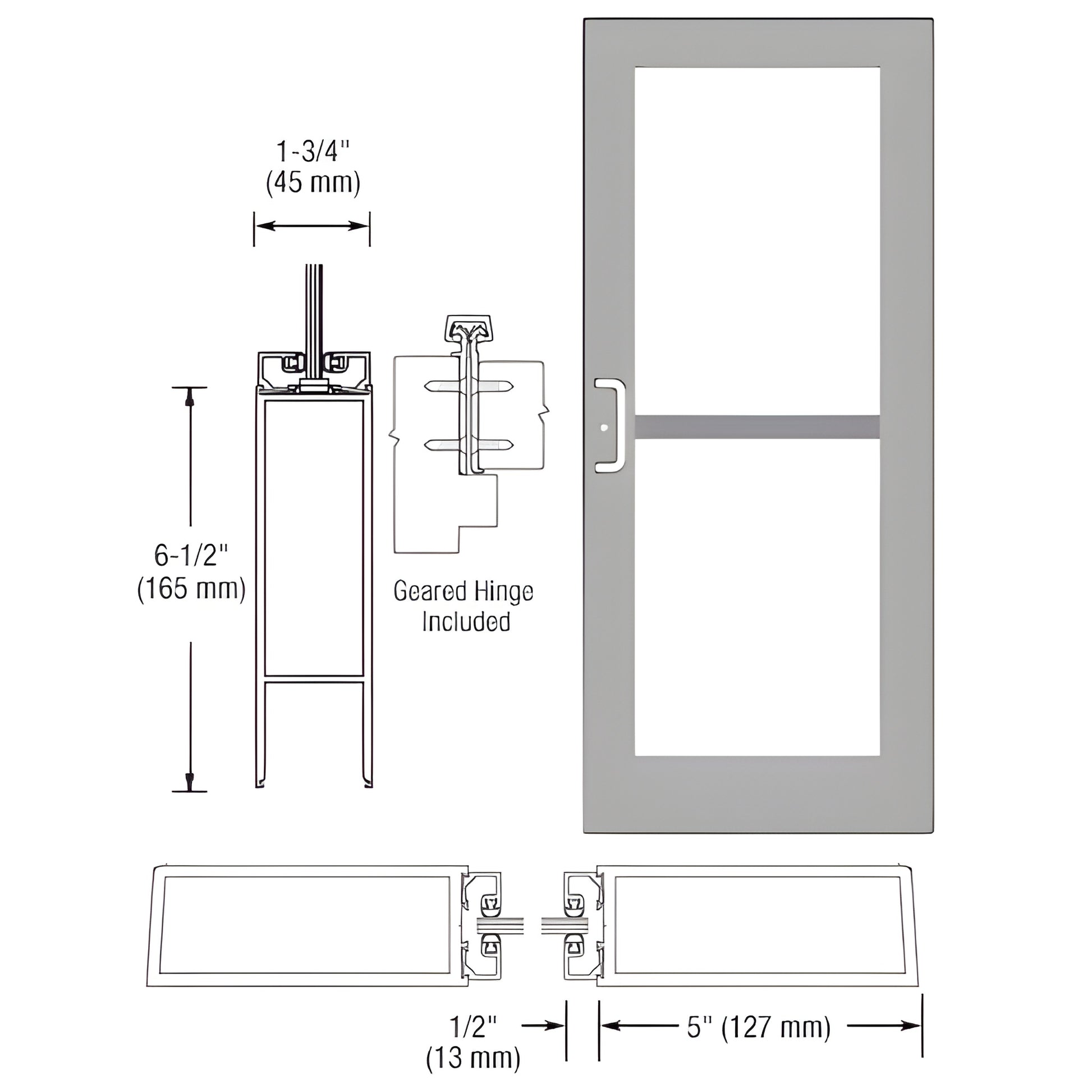 Clear anodized commercial wide stile entrance door DZ51811 - 5" stiles, 51 2" top, 61 2" bottom rail; gear hinge ready.