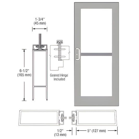 Clear anodized commercial wide stile entrance door DZ51811 - 5" stiles, 51 2" top, 61 2" bottom rail; gear hinge ready.
