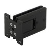 The back plate of the matte black Atlas glass door hinge featuring four mounting screw holes.