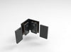 An exploded view of the Bellagio series glass-to-glass bracket showing the internal mounting plates and matte black covers.