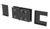 The Bellagio glass-to-glass hinge displayed with its cover plates removed to show the internal mounting mechanism.