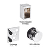 Polished stainless steel Brixen shower door components labeled as track holder fitting, stopper, and rollers.