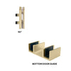 The Brixen shower door accessory kit components labeled as a 90-degree connector and a bottom door guide in brushed bronze.