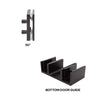 The Brixen shower door accessory kit components are labeled as a 90-degree connector and a bottom door guide in matte black finish.