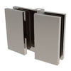 The Como Series glass-to-glass hinge in brushed nickel, highlighting its concealed square edge profile.
