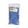 A clear plastic bag containing multiple blue 1-inch straight line plastic screw anchors.