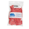 A clear plastic bag containing multiple red straight line plastic screw anchors.