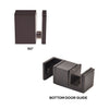 A matte black stainless steel 90-degree connector and a bottom guide labeled for a Cavoli sliding shower door system.