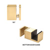 A satin brass 90-degree connector and bottom door guide labeled for the Cavoli shower system.