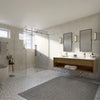 A wide shot of a modern bathroom featuring the Cavoli series sliding shower enclosure with a double vanity.