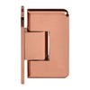 A side profile view of the adjustable brass shower door hinge in a polished rose gold finish.