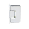 A side profile view of the polished chrome Cologne Series wall mount hinge showing its beveled edge design.