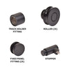 Matte black Colonia shower door components labeled as track holder, rollers, fixed panel fittings, and a stopper.