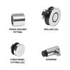 Labeled polished stainless steel components for the Colonia shower system, showing track holder fittings, rollers, fixed panel fittings, and a stopper.