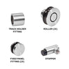 Labeled brushed stainless steel Colonia shower door components including a track holder, rollers, fixed panel fittings, and a stopper.
