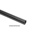 The matte black header support bar is shown against a white background with a label identifying it as a header support bar.