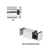 Polished stainless steel shower door hardware labeled as a 90-degree connector and bottom door guide.