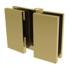 The Como Series glass-to-glass hinge in satin brass viewed from the side to show the concealed design.