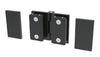 The rear view of the matte black Como Series hinge showing the mounting plates and hardware.